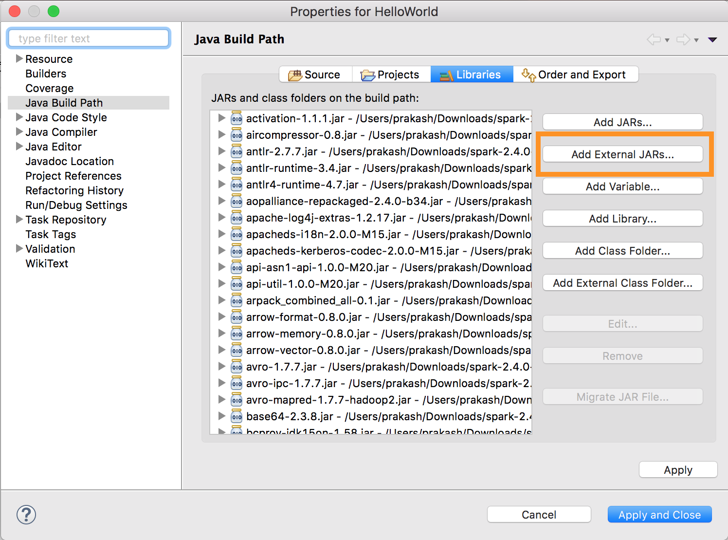 Eclipse external JAR configuration