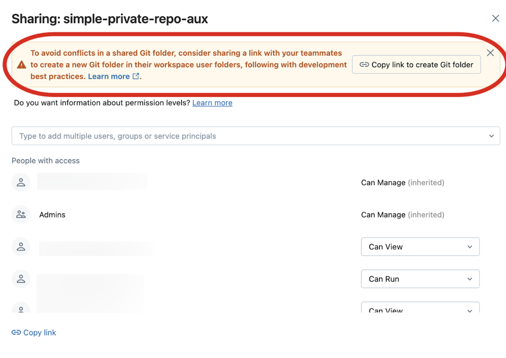 When viewing another user's Git folder, click the **Create Git folder** button in the banner to make a copy of that folder in your own workspace