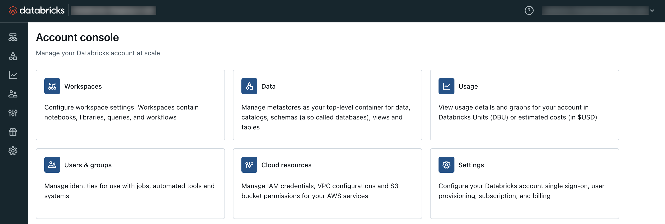 デフォルトの Databricks AWS アカウント コンソール ビュー