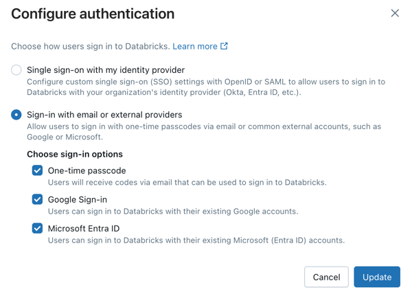 Configure as opções de autenticação.
