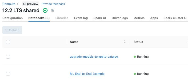 Detalhes do cluster em notebooks anexados