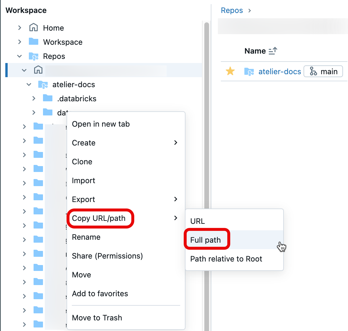 Selecionando a opção Copiar caminho de URL seguido de Caminho completo no menu de contexto de uma pasta workspace.